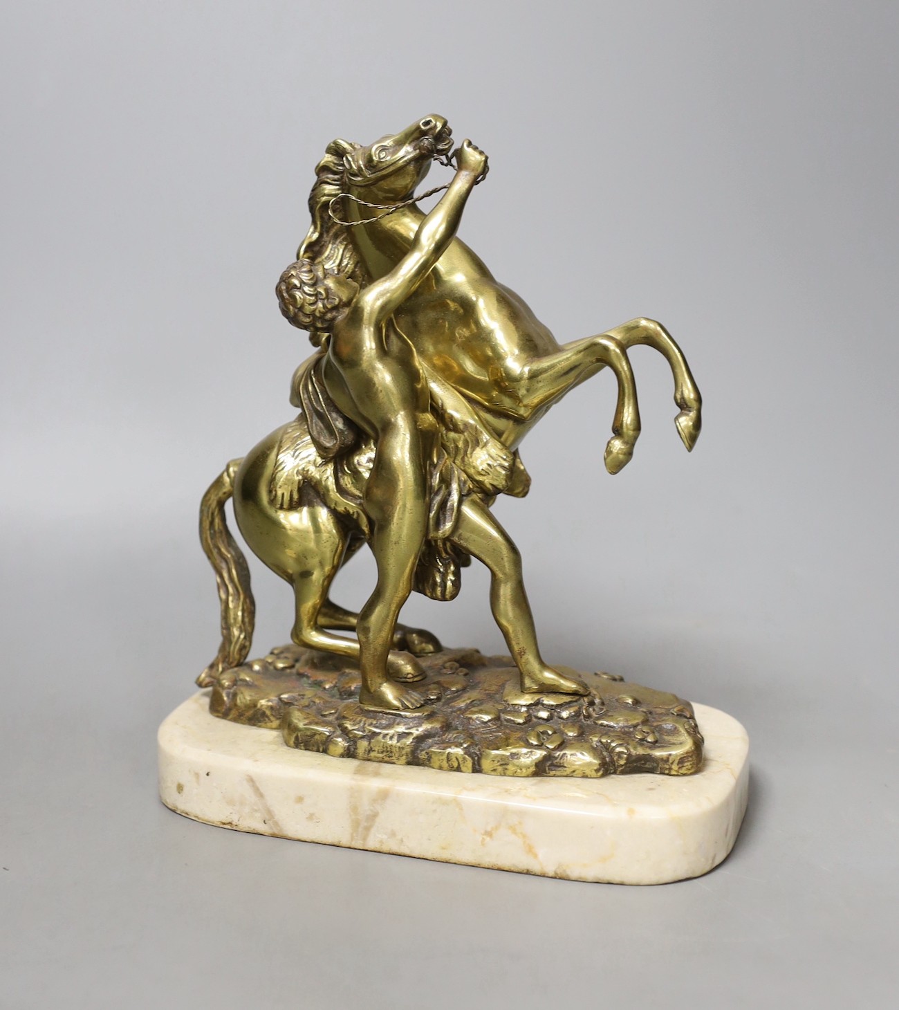A bronze Marly horse group, on a marble plinth base - 20cm tall